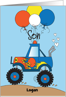 Birthday for Son with Colorful Custom Name Monster Truck and Balloons card