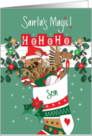 Santa’s Magic for Son’s Christmas, Bear in Santa Hat in Stocking card