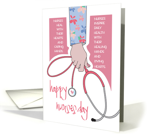 Hand Lettered Nurses Day 2024 Nurse Holding Stethoscope in Scrubs card