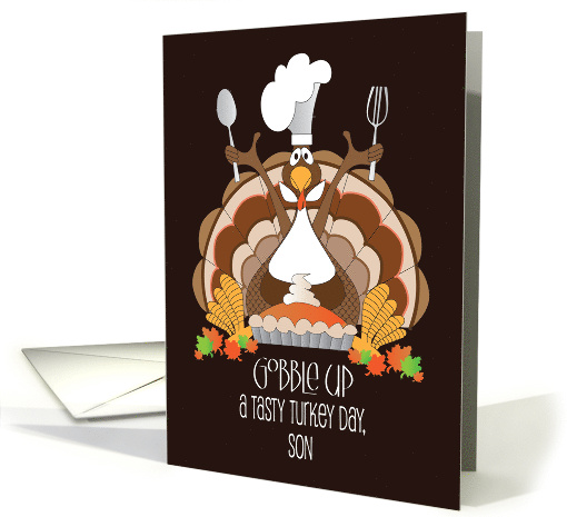 Thanksgiving for Son, Turkey with Chef's Hat and Pumpkin Pie card