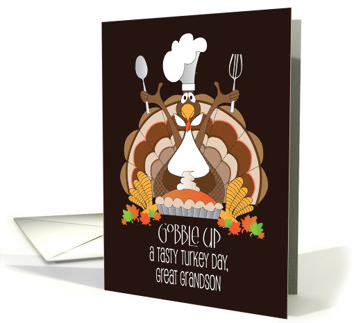 Thanksgiving for Great Grandson, Turkey with Chef's Hat and Pie card