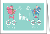 New Baby Twin Boy and Girl Congratulations Strollers and Custom Names card