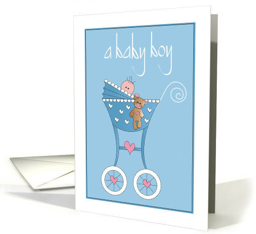 Hand Lettered New Baby Boy, with Baby and His Bear in Stroller card