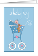 Hand Lettered New Baby Boy, with Baby and His Bear in Stroller card