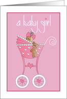 New Baby Girl Congratulations, African American Baby in Pink Stroller card