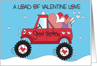 Hand Lettered Valentine for Great Nephew Red Monster Truck and Hearts card