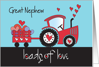 Hand Lettered Valentine for Great Nephew Loads of Love Red Tractor card