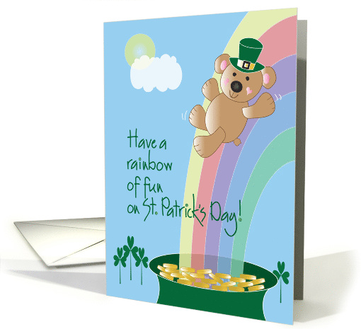 St. Patrick's Day, Bear Sliding On Rainbow Into Pot of Gold card