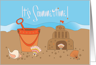 Hand Lettered It’s Summertime Sand Bucket and Sand Castle with Shells card