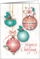 Hand Lettered Magic of Christmas Decorated Ornaments and Poinsettias card