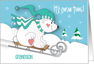 Hand Lettered Christmas Grandson It’s Snow Time White Bear Sledding card