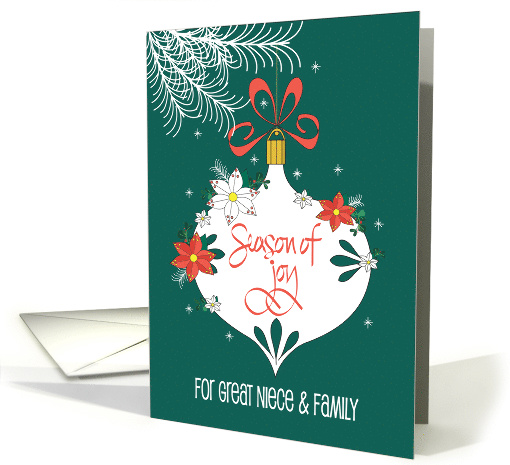 Christmas for Great Niece & Family, Hand Lettered Floral Ornament card