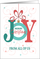 Hand Lettered Christmas from All of Us, Joy Ornament with Red Bow card