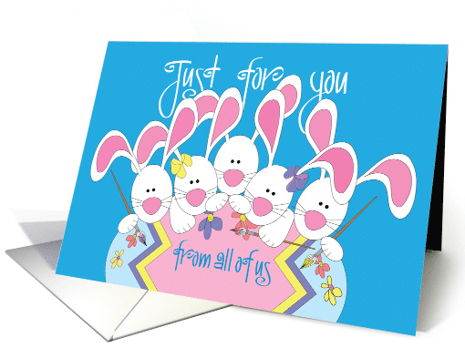Easter From All of Us, White Bunnies Painting Decorated Egg card