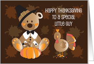 Thanksgiving for Kids, Pilgrim Boy with Black Hat, Pumpkin & Turkey card