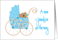 New Grandson on the Way, Bear in Blue Floral Stroller card