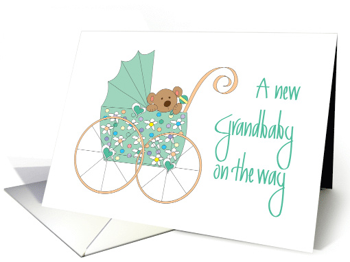 New Grandbaby on the Way, Bear in Mint Green Floral Stroller card