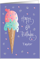Birthday for 6 Year Old Girl, Two Scoop Ice Cream Cone, Custom Name card