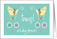 Baby Shower Invitation for Twins Two Yellow Strollers and Teddy Bears card