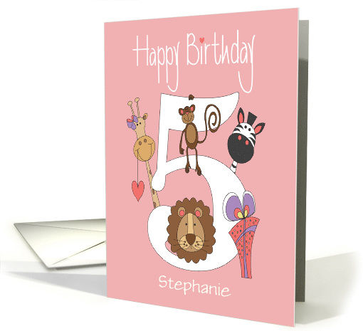 Hand Lettered Birthday Five Year Old with Animals and Custom Name card