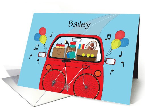 Off to College with Custom Name, Stuffed Red Car with Balloons card