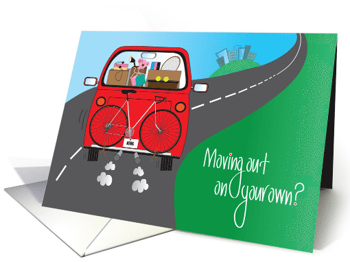 Moving out on Your Own, For Girl, Red Car & Girl Belongings card