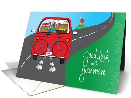 Good Luck with Move, For Guy, Red Car & Guy Belongings card (1288342)
