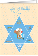 First Hanukkah for Son, Bear with Star of David & Menorah card