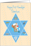 First Hanukkah for Grandson, Bear with Star of David & Menorah card