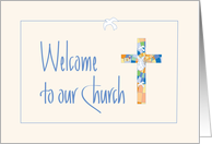 Hand Lettered Welcome to our Church, Stained Glass Cross & Dove card