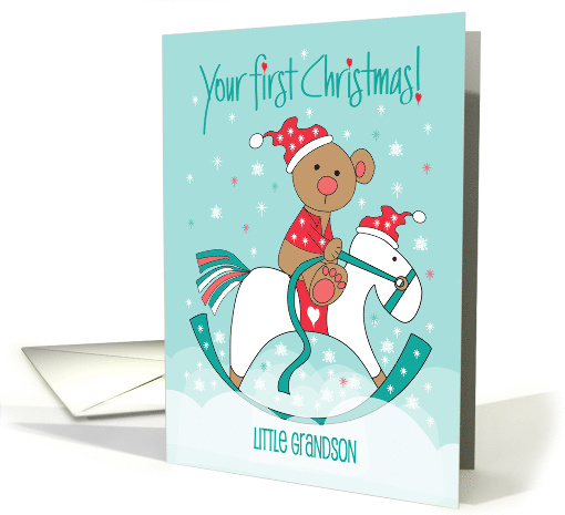 Hand Lettered First Christmas for Grandson Bear on Rocking Horse card