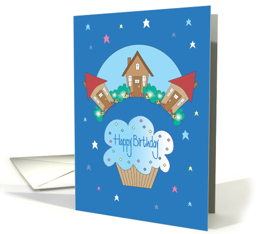 Birthday to Male Neighbor, Neighborhood on Blue with Cupcake card