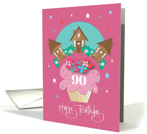 90th Birthday for Neighbor, Floral Cupcake with Trio of Cottages card