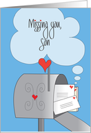 Hand Lettered Missing You Son, Mailbox Filled with Hearts & Letters card