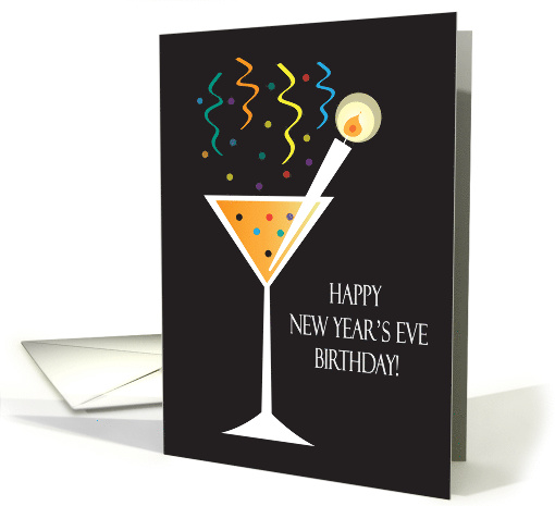 New Year's Eve Birthday, Long Stem Glass with Candle Drink Pick card