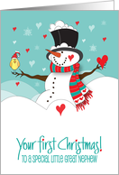 First Christmas for Great Nephew Snowman with Bird and Hearts card