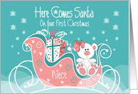 First Christmas for Niece with White Polar Bear in Santa’s Red Sleigh card