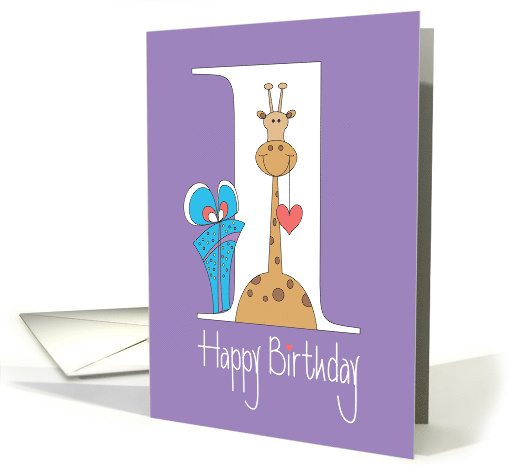 First Birthday for One Year Old, Giraffe with Blue Polka Dot Gift card
