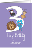 Third Birthday for Three Year Old, with Custom Name and Zoo Animals card