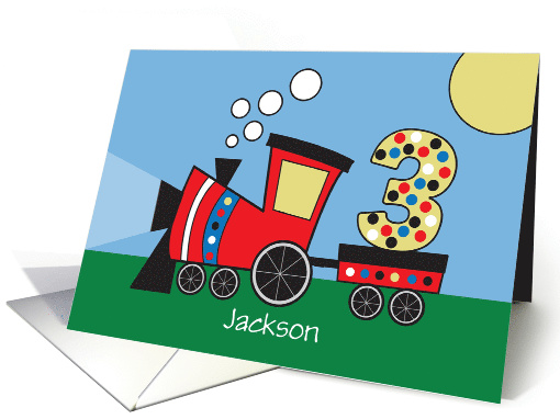 Third Birthday with Train Engine Pulling Three, with Custom Name card