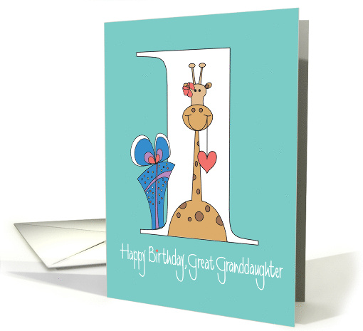 1st Birthday for Great Granddaughter, Giraffe with Heart & Gift card