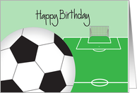 Birthday with Soccer Ball, on Green Soccer Field with Goal card