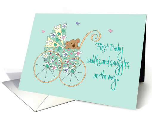 Congratulations for Expecting First Baby, Bear in Floral Stroller card
