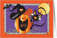 Halloween for Granddaughter Black Cat and Jack O Lantern in Witch Hat card