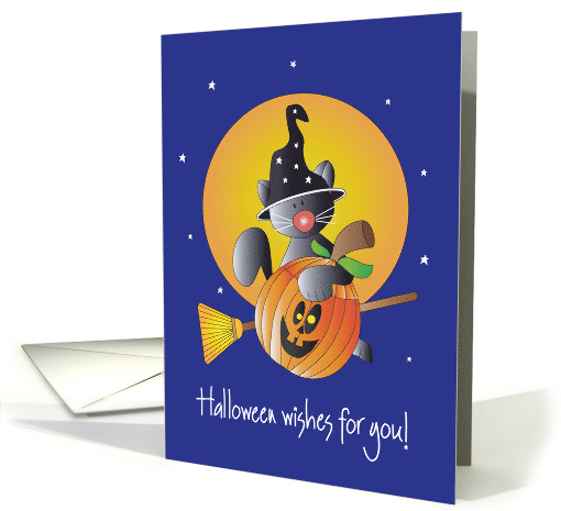 Halloween with Flying Black Kitty on Broom with Pumpkin card (1370324)