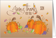 Thanksgiving Giving Thanks for Son with Fall Leaves and Pumpkins card
