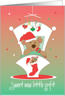 Christmas Baby, Bear in Cradle with Santa Hat, Stocking & Mobile card