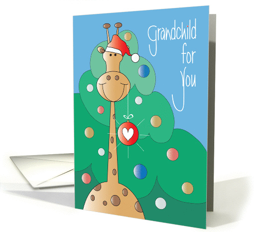 Christmas for Grandchild, Giraffe Holding Ornament in Santa Hat card