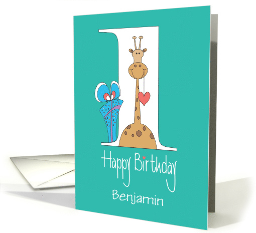 First Birthday with Customized Name, Giraffe with Gift and Heart card