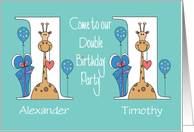 Invitation to 1st Birthday Party for Boy Twins Giraffes & Balloons card